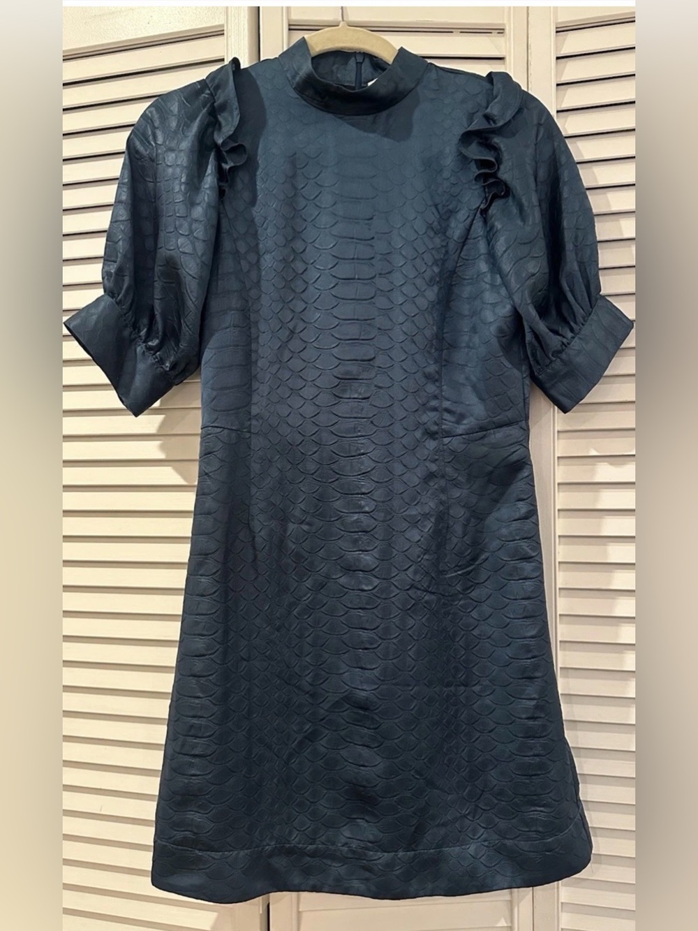 Sea New York Simone Blue Snake Midi Dress with Puff Sleeves